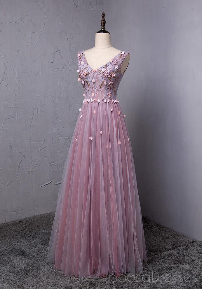 Polvo Púrpura de Cuello en V Una línea de Tul de Noche Largos vestidos de fiesta, Vestidos 17615