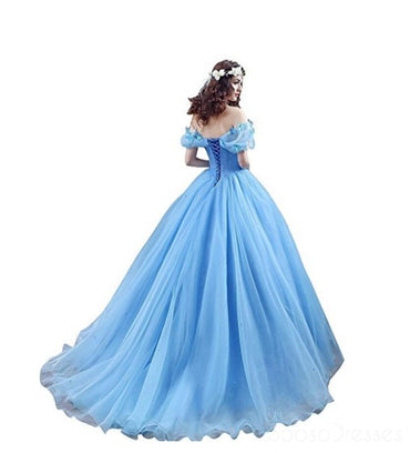 Popular Off Shoulder Blue A line Long Evening Prom Dresses, 17523
