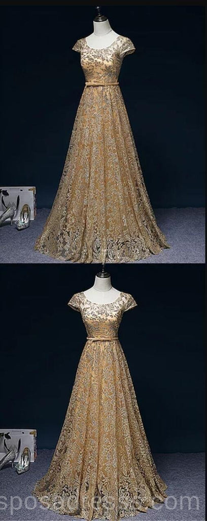Oro de Sparkly mangas cortas vestidos de la fiesta de promoción de la tarde largos, 16 vestidos dulces de encargo baratos, 18541