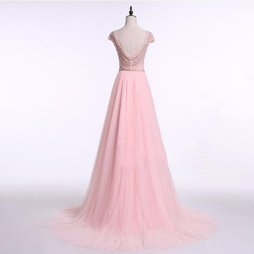 Sexy Backless Cap Sleeve Blush Pink Beaded Long Evening Prom Dresses, Popular Cheap Long 2018 Party Prom Dresses, 17241