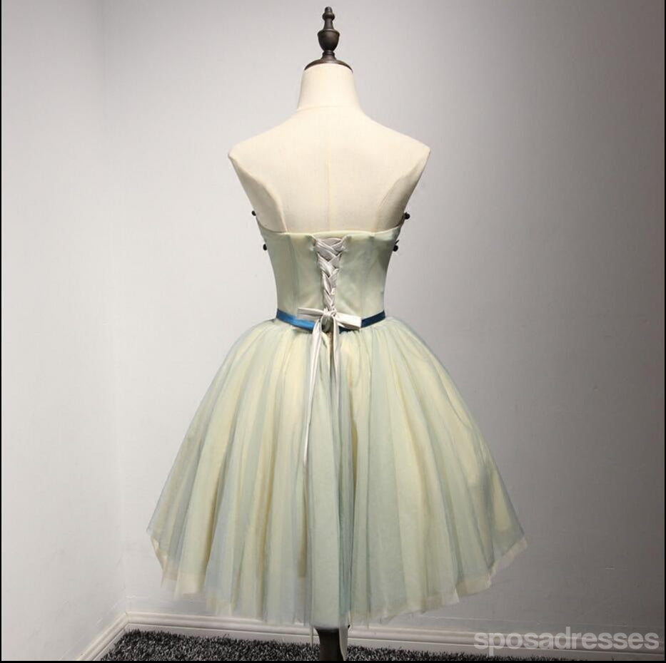 Vestidos de la fiesta de promoción de regreso del cordón amarillo verde sin tirantes, vestidos de la fiesta de promoción del partido cortos económicos, vestidos de regreso perfectos, CM210