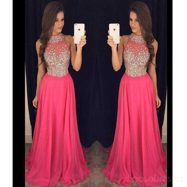 Hot Pink Halter Evening Prom Dresses, 2017 Long Beaded Prom Dress, Custom Long Prom Dress, Cheap Party Prom Dress, Formal Prom Dress, 17037
