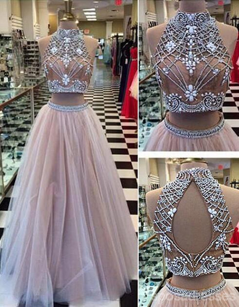 Dos Piezas de Noche Halter vestidos de fiesta, Vestidos Sexy Una línea de Tul en la Espalda Abierta Vestidos de fiesta 17010