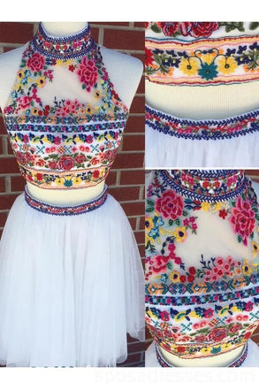 Sexy Two Pieces White Embroidery Cheap Homecoming Dresses Online, Cheap Short Prom Dresses, CM744