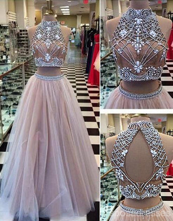 Two Pieces Halter Evening Prom Dresses, Sexy A line Tulle Open Back Prom Dresses 17010