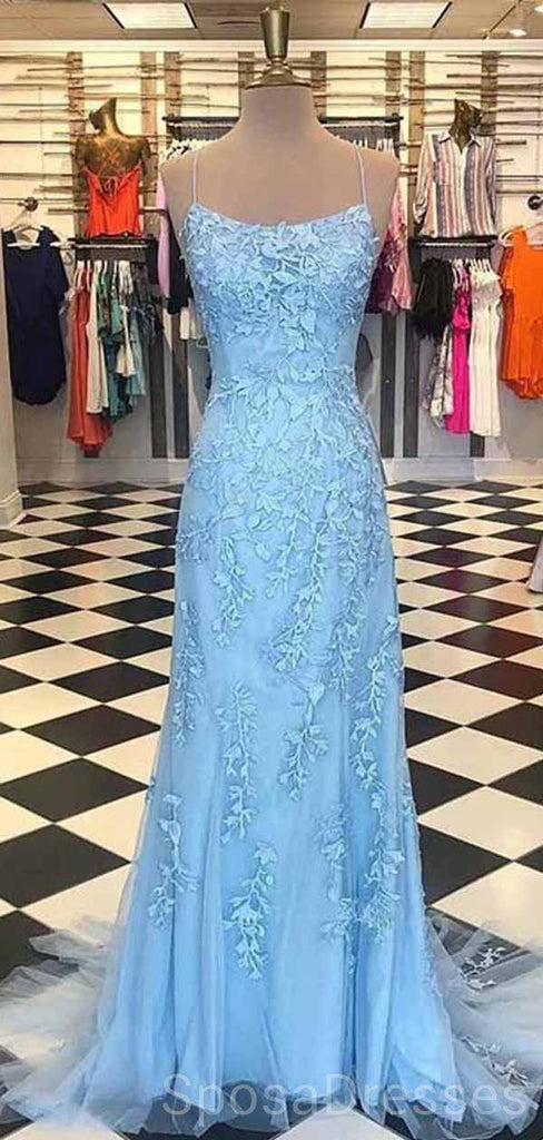 Spaghetti Straps Blue Lace Mermaid Long Evening Prom Dresses, Cheap Custom Sweet 16 Dresses, 18460