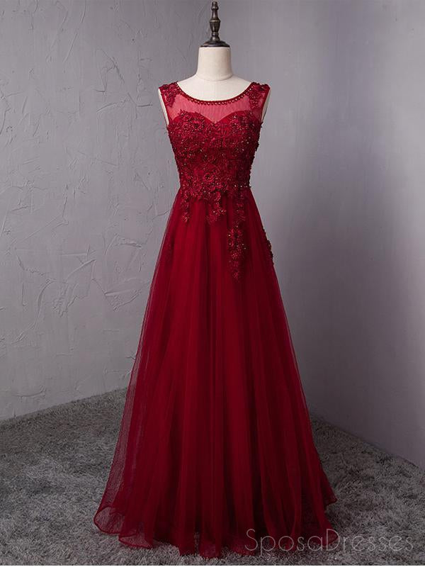 Open Back Maroon Lace Beaded A-line Long Evening Prom Dresses, 17625