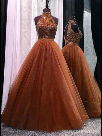 Sexy Open Back Halter Beaded A line Brown Cheap Long Evening Prom Dresses, 17354
