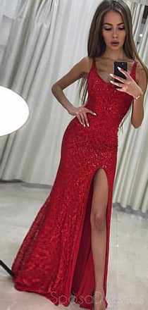 Sparkly Red Side Slit Lace Mermaid Long Evening Prom Dresses, Cheap Sweet 16 Dresses, 18340