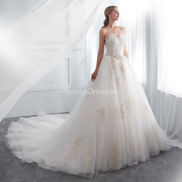 Sweetheart A-line Gold Lace Beaded Cheap Wedding Dresses Online, Cheap Bridal Dresses, WD571