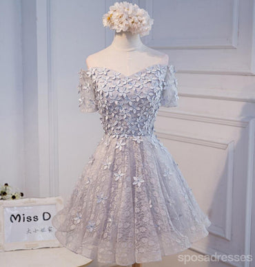 Short Sleeve Off Shoulder Gray Lace Homecoming Prom Dresses, Affordable Short Party Prom Dresses, Perfect Homecoming Dresses, CM279