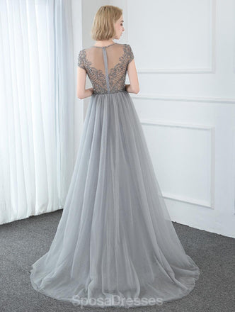 Short Sleeve Heavily Beaded Grey Long Cheap Evening Prom Dresses, Evening Party Prom Dresses, 12327