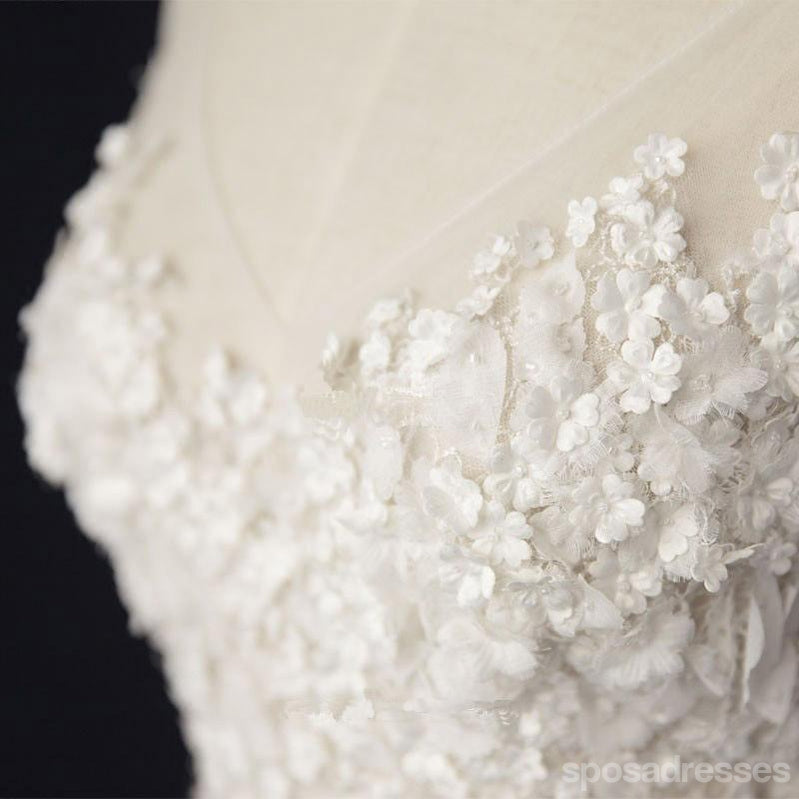 Ver a través de V Neck Lace Cheap Custom A-line Long Wedding Bridal Dresses, WD290