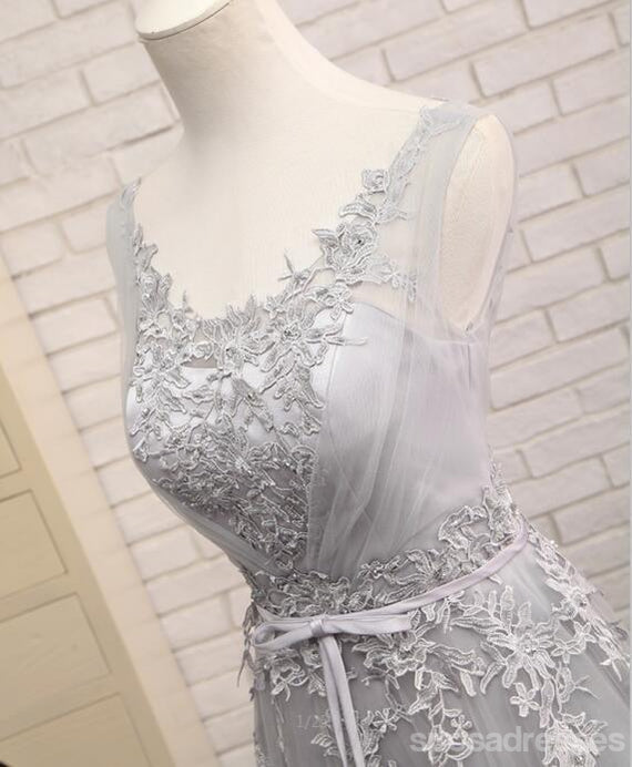 Scoop Neckline Gray Lace Evening Prom Dresses, Popular Lace Party Prom Dresses, Custom Long Prom Dresses, Cheap Formal Prom Dresses, 17183