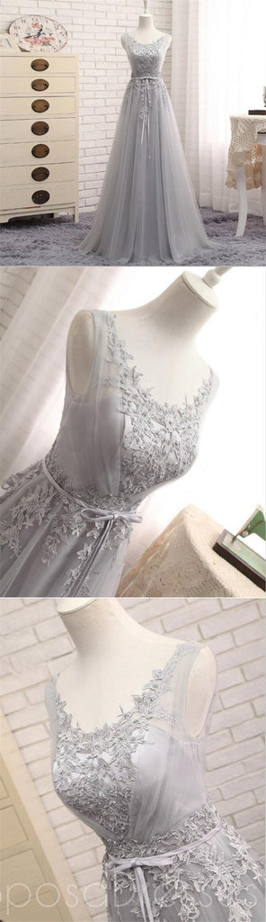 Scoop Neckline Gray Lace Evening Prom Dresses, Popular Lace Party Prom Dresses, Custom Long Prom Dresses, Cheap Formal Prom Dresses, 17183