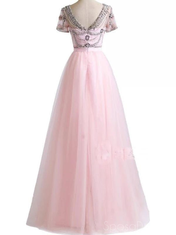 A-line Round Neck Short Sleeves Long Prom Dresses, Sweet 16 Prom Dresses, 12468