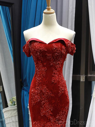 Mermaid Lace Strapless Red Long Prom Dresses, Sweet 16 Prom Dresses, 12503