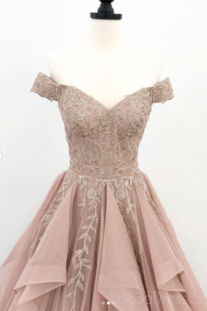 Off Shoulder Dusty Champagne Lace Cheap Long Evening Prom Dresses, Evening Party Prom Dresses, 18627