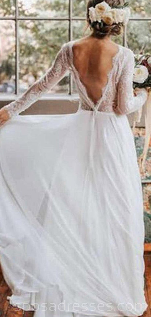 Vestidos de novia largos de playa sin espalda de manga larga en línea, vestidos de novia baratos, WD527