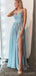 Light Blue Spaghetti Straps Side Slit Long Evening Prom Dresses, Cheap Custom Sweet 16 Dresses, 18550