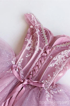 Off Shoulder Pink Lace  See Through Short Homecoming Dresses 2018, CM551