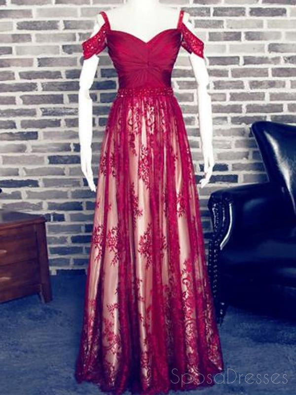 2018 vestidos de fiesta largos de noche baratos de encaje rojo oscuro fuera del hombro, 17502