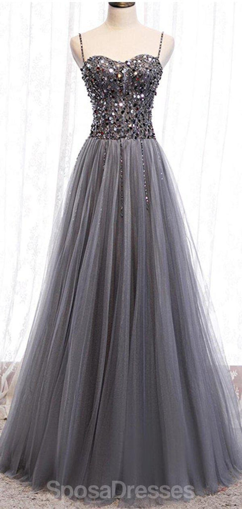 Correas espaguetis con cuentas de diamantes de imitación grises una línea de vestidos de fiesta largos de noche, vestidos de fiesta de noche, 12330