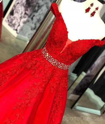 Off Shoulder Red Lace Beaded Evening Prom Dresses, Cheap Custom Sweet 16 Dresses, 18485