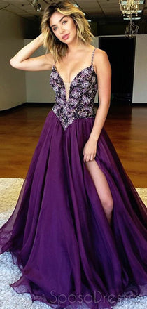 Purple Spaghetti Straps Side Slit Heavily Beaded Long Evening Prom Dresses, Cheap Sweet 16 Dresses, 18342