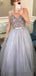V Neck Spaghetti Straps Grey Beaded Cheap Evening Prom Dresses, Evening Party Prom Dresses, 12168