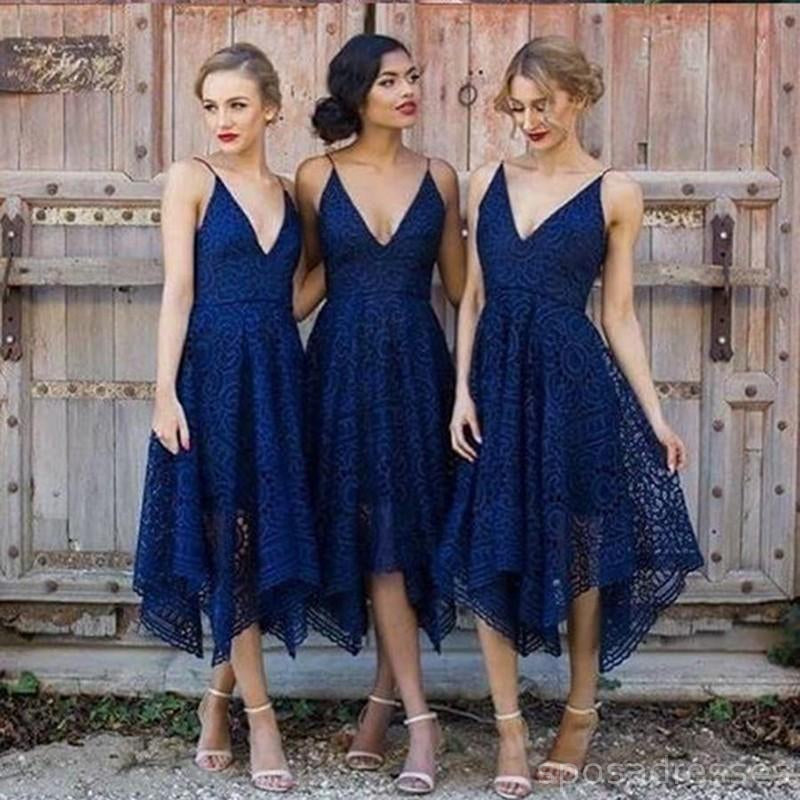 Vestidos de dama de honor cortos de encaje azul marino con cuello en V en línea, WG212