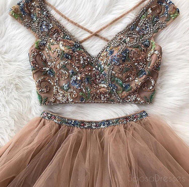 Sexy Two Pieces Cap Sleeve Heavily Beaded Long Evening Prom Dresses, Popular Cheap Long 2018 Party Prom Dresses, 17247