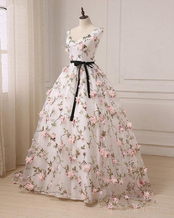 V Neck A line Lace Flower Long Evening Prom Dresses, 17553