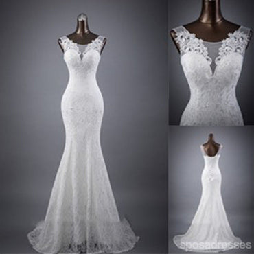 Elegant Sleeveless Mermaid Lace Up Popular White Lace Wedding Dresses, WD0142