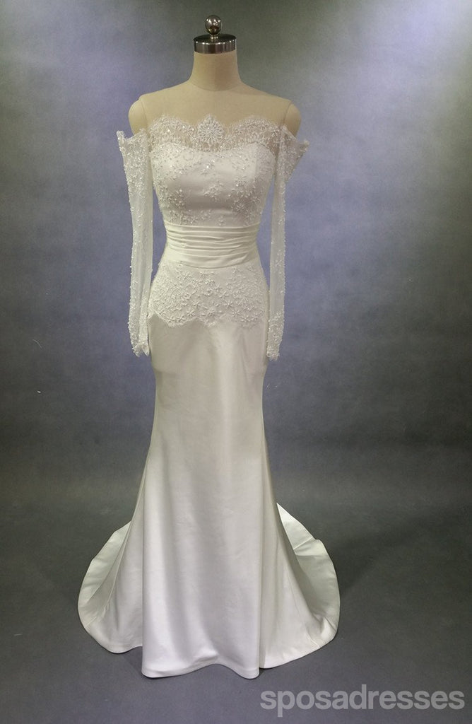 De hombro trajes de novia de la sirena del cordón de la manga largos, trajes de novia hechos a la medida, vestidos de boda baratos, WD211