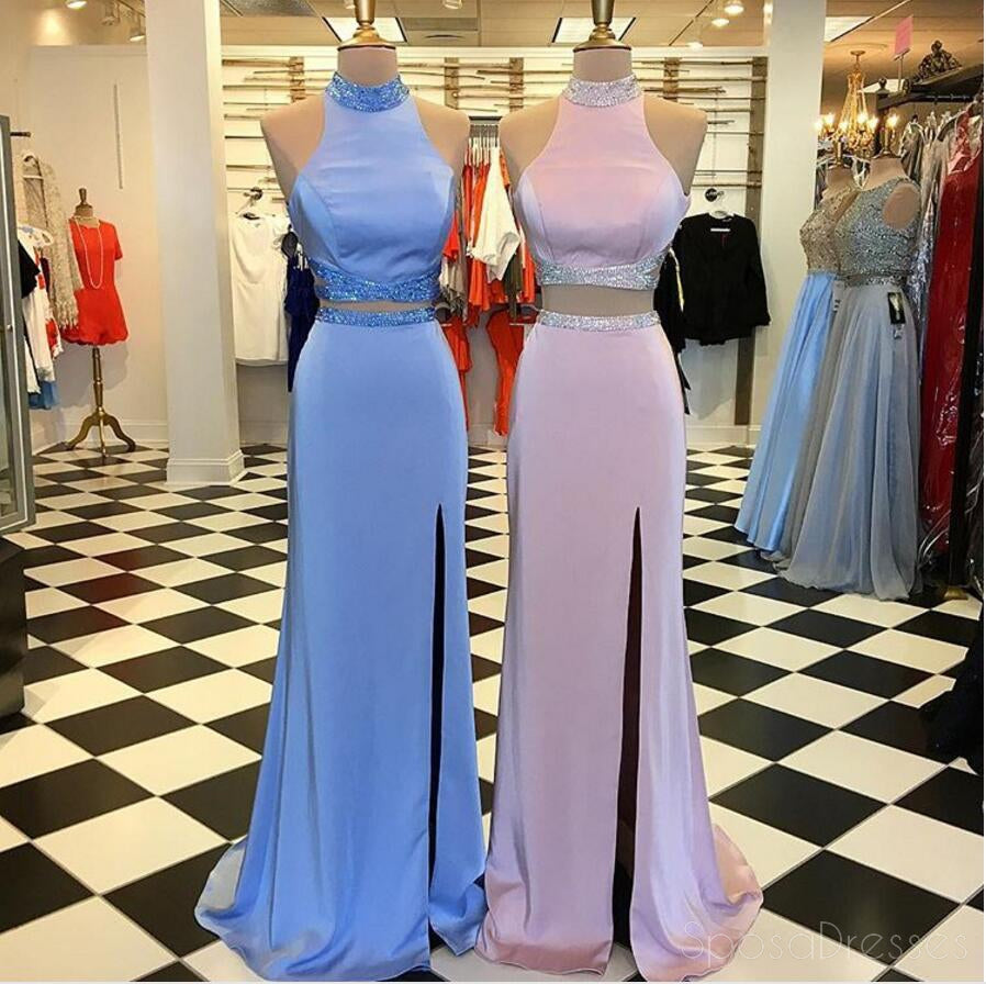 Sexy dos piezas Side Slit Halter largo noche vestidos de baile, Popular barato largo 2018 fiesta vestidos de baile, 17287