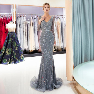 Long Sleeves Grey Rhinestone Heavily Beaded Mermaid Evening Prom Dresses, Evening Party Prom Dresses, 12038