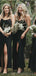 Tirantes de espagueti con abertura lateral de sirena negra Vestidos de dama de honor baratos y largos en línea, WG615