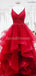 Red Spaghetti Straps Lace Beaded Ruffles Evening Prom Dresses, Evening Party Prom Dresses, 12277