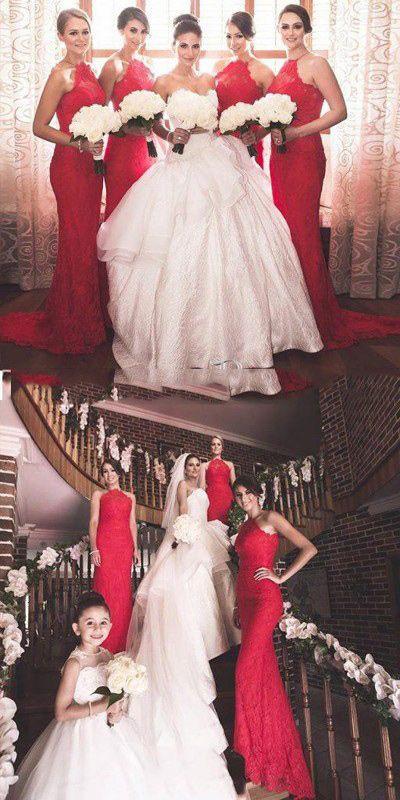 Cabestro rojo popular encantador cordón de la sirena atractivo vestidos de la dama de honor del invitado de boda largos, WG152