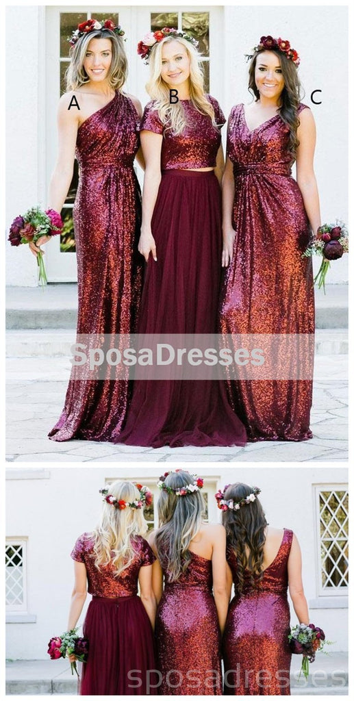 Vestidos de dama de honor largos personalizados de lentejuelas rojo oscuro mal combinados, WG235