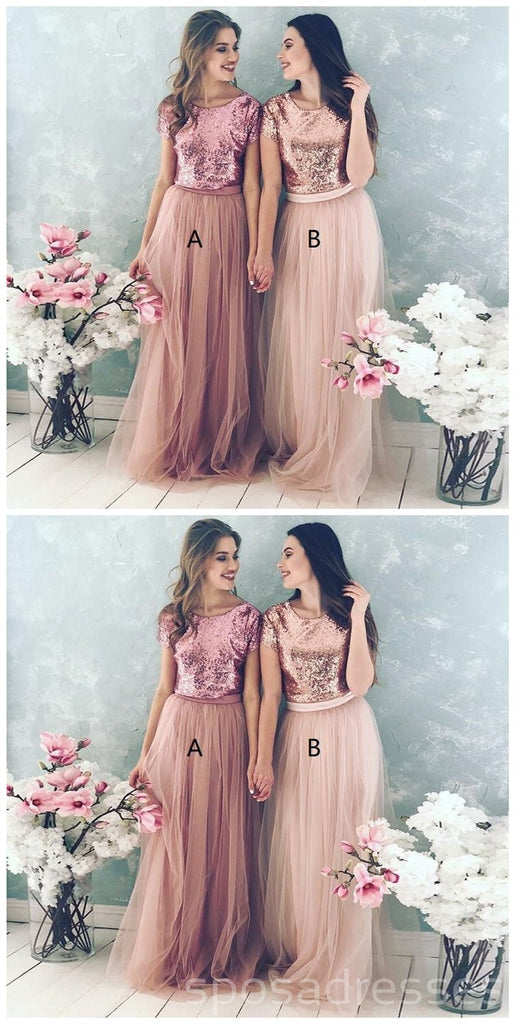 Falda de tul de blusa de lentejuelas Vestidos de dama de honor largos baratos con mangas, WG218