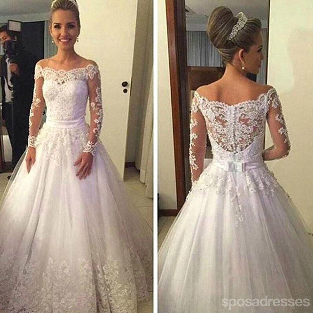 Vestidos de fiesta de boda de tul blancos de encaje de manga larga con hombros descubiertos baratos, WD0015