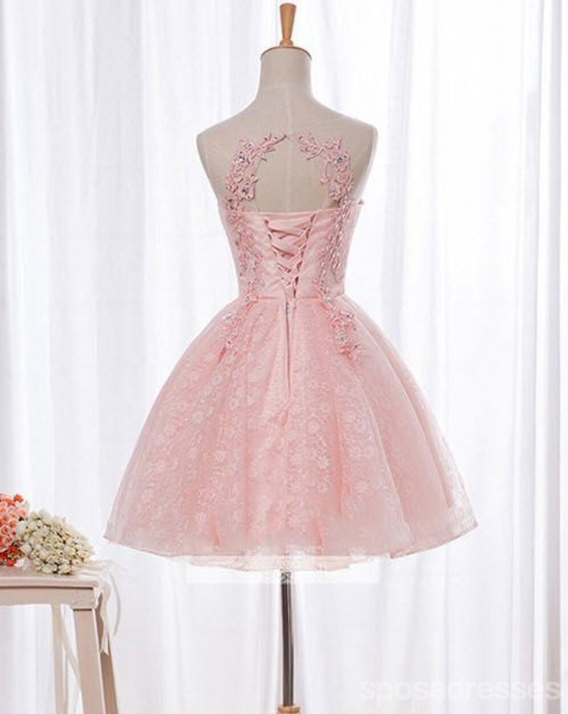 Open Back Pink Lace Beaded Short Homecoming Prom Dresses, Affordable Short Party Prom Sweet 16 Dresses, Perfect Homecoming Cocktail Dresses, CM369