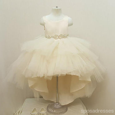 Ivory Satin Top Rhinestone Belt Hi-low Tulle Flower Girl Dresses,  Cheap Little Girl Dresses, FG028