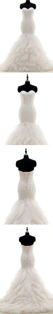 Vestidos de novia de gasa de encaje blanco con cordones de sirena populares, WD0178