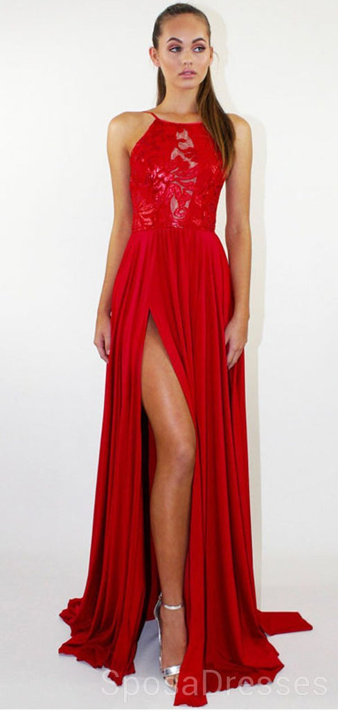 Vestidos de fiesta de noche rojos de sirena con abertura lateral sin espalda sexy, vestidos de encargo baratos de Sweet 16, 18494