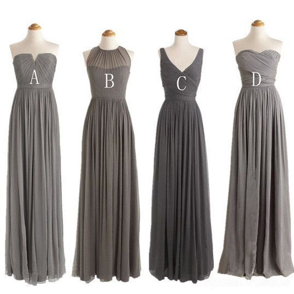 Vestidos largos formales de la dama de honor de la gasa de los estilos no coincidentes simples baratos grises, WG188