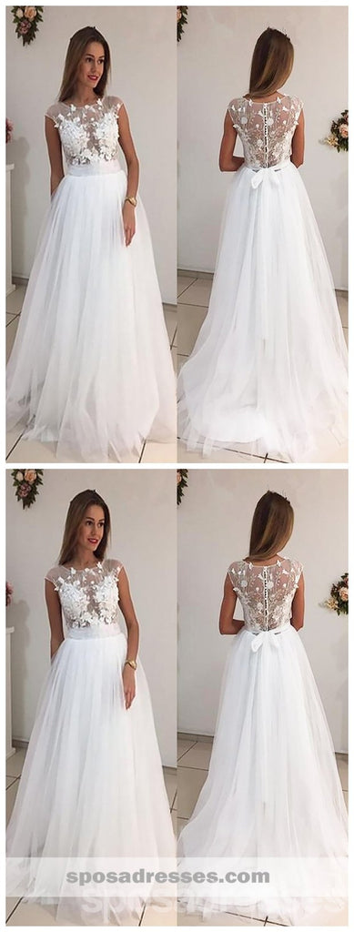 Cap Sleeves Bateau A-line Wedding Dresses Online, Cheap See Through Lace Bridal Dresses, WD448