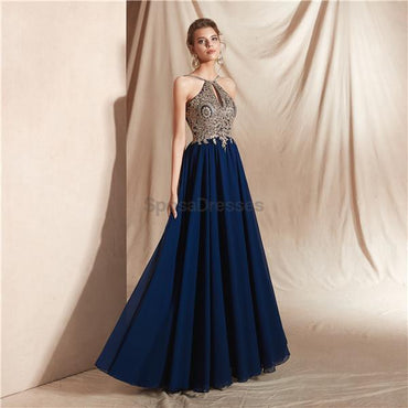 Navy Gold Lace Beaded Chiffon Evening Prom Dresses, Evening Party Prom Dresses, 12067